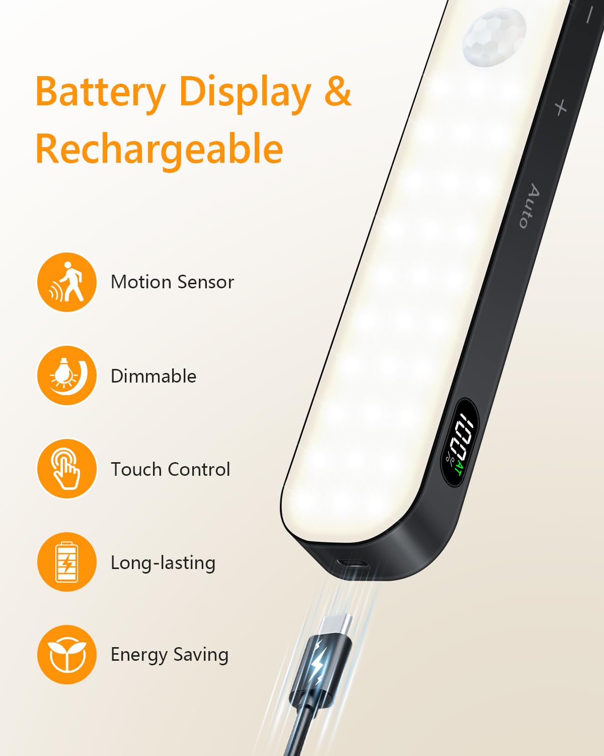 Ferswe Schrankbeleuchtung Led mit Bewegungsmelder, Anzeige des Batteriestands, 4 Stück Unterbauleuchte Küche Led, USB Wiederaufladbar Schranklicht, Kleiderschrank Licht mit Bewegungsmelder, 3000K