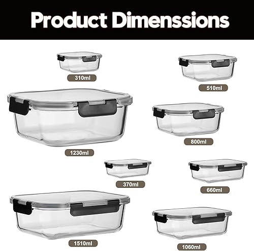 Miniatura 2 de Wells Contenedores de vidrio para preparación de comidas, paquete de 8 recipientes de vidrio para alimentos con tapas herméticas de bloqueo para