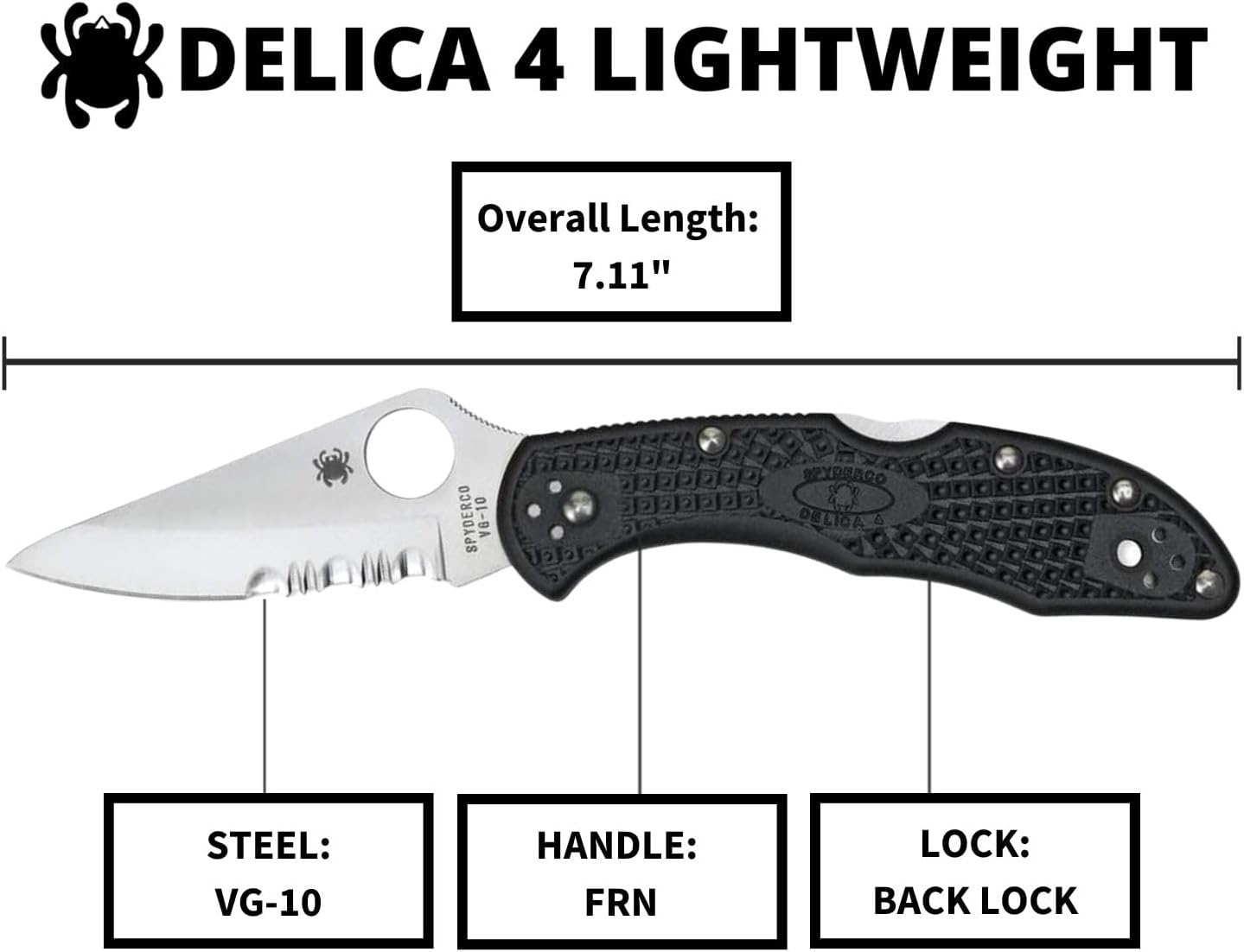 Spyderco Delica 4 Lightweight Folding Pocket Knife with 2" VG-10 Steel Blade and FRN Handle - EDC Knife for Men and Women, Perfect for Hunting, Tactical, Camping, Survival - PlainEdge - C11PSBK