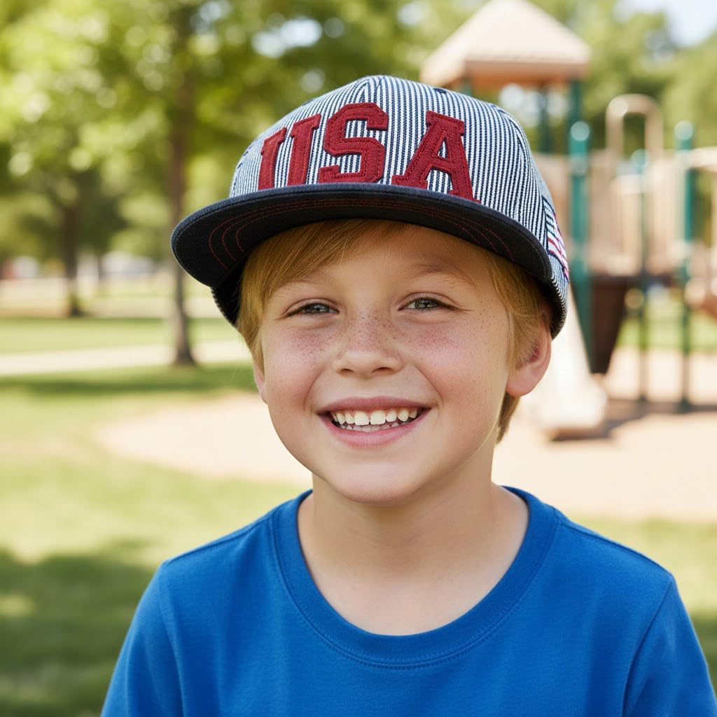 Kids-Patriotic-USA-Flat-Brim-Baseball-Cap - American Flag Trucker Hat Adjustable UV Sun Protection
