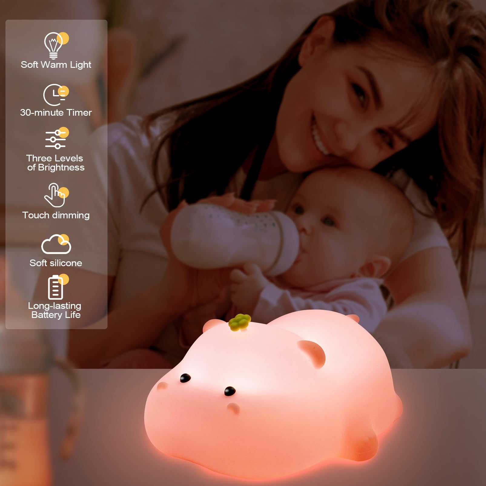 Auezona Luce Notturna Bambini, Silicone Luci Notturna Ippopotamo, Lampada Led Ricaricabile con Timer, 3 Modalità Lampada Touch, Lampada da Comodino Bambini, Regalo Neonato Bambini Ragazze