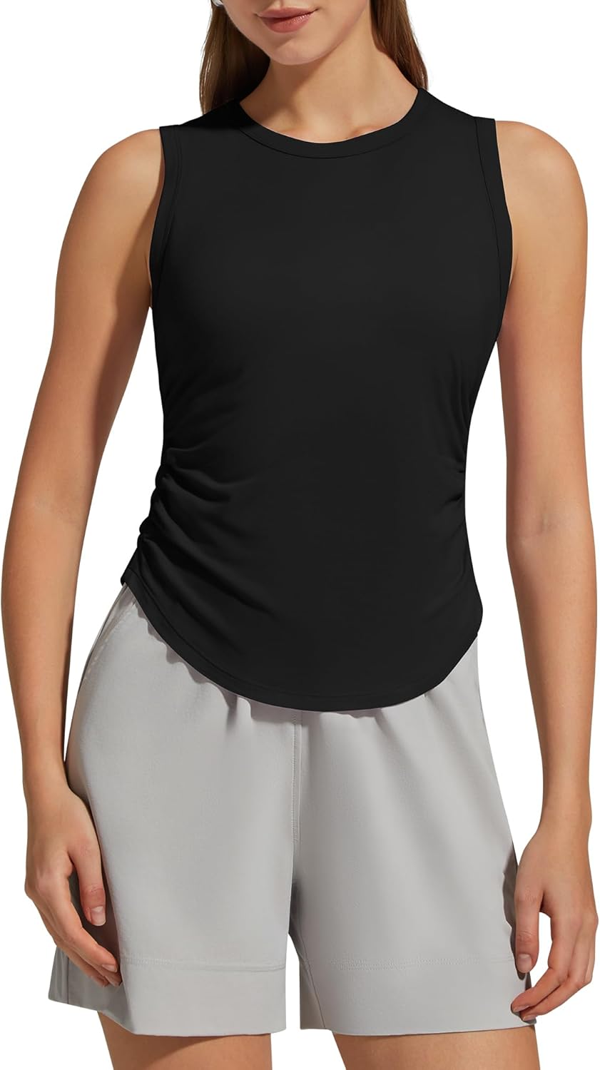 G4Free Ruched Side Workout Tank Tops Woman High Neck Waist Length Gym Tanks Soft Relaxed Fit for Training