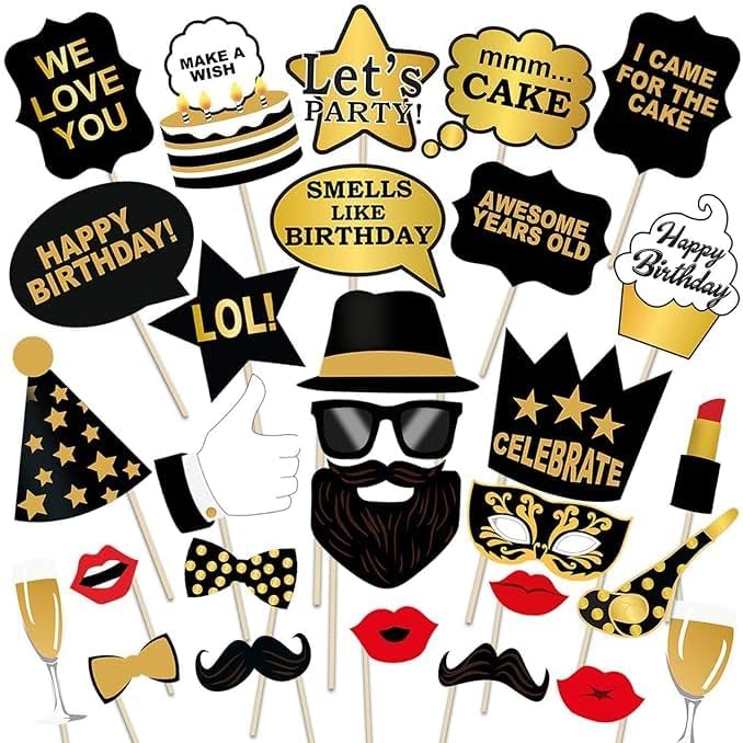Birthday Photo Booth Props 29pcs Set with Funny Crown, Fun Mask, Hats, Beard, Happy Face, Mustache
