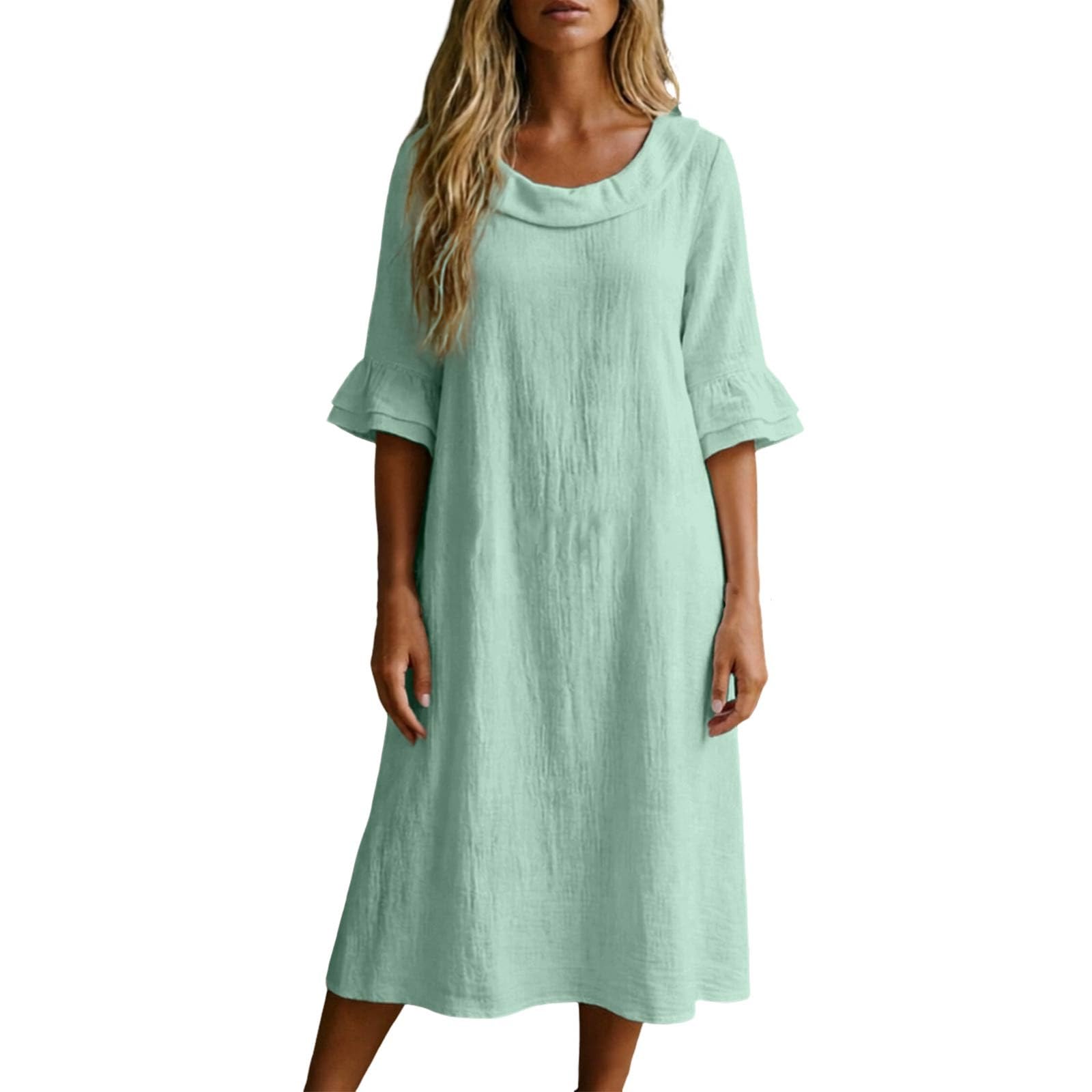 Vestido Midi Informal de Talla Grande con Cuello Redondo, Corte Relajado, Manga Larga, Color Liso, Ideal para Viajes y Uso Diario.