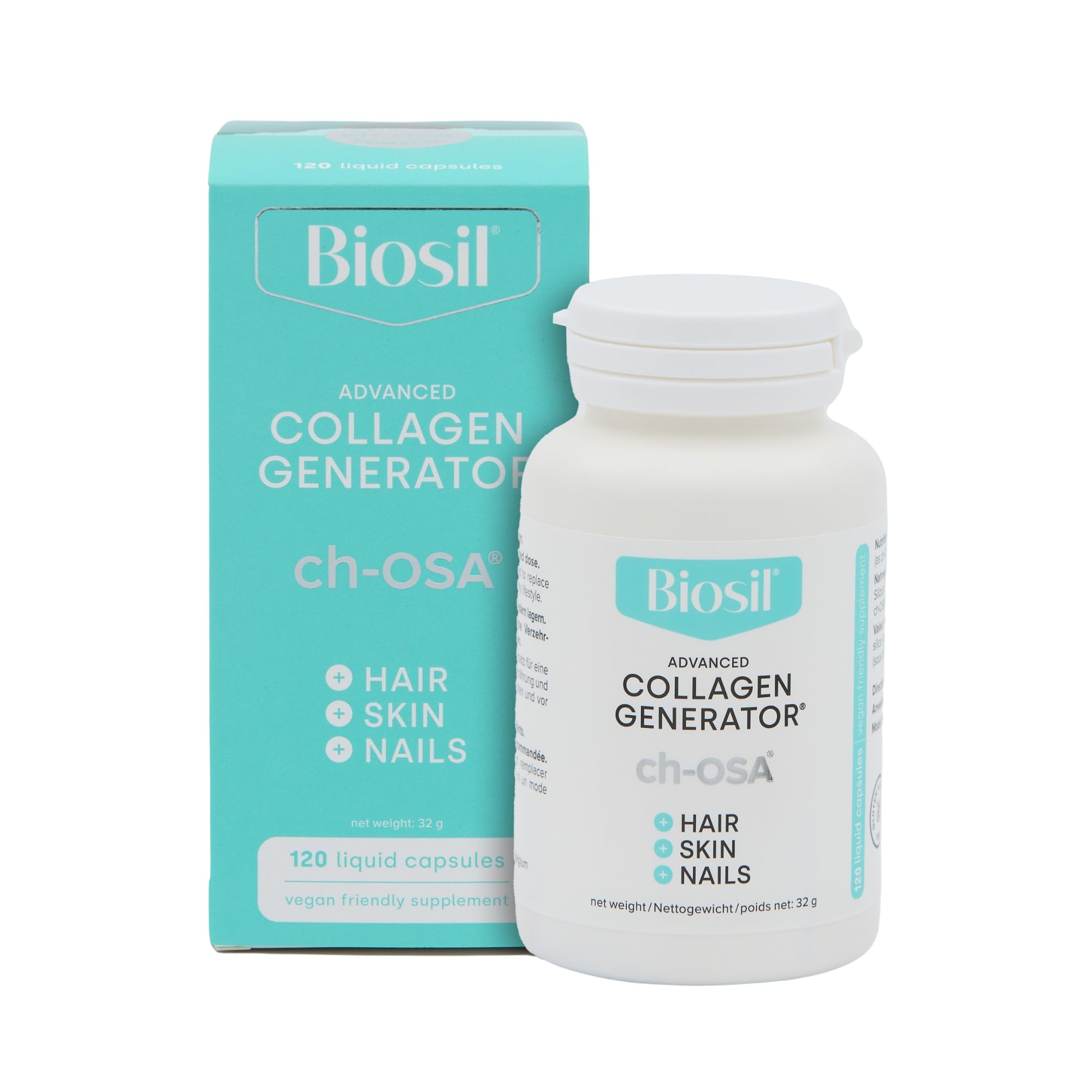 Biosil Collagen Generator - 120 cápsulas blandas - Con el complejo patentado ch-OSA - Genera y protege tu propio colágeno - Libre de OGM - Suministro para 60 días