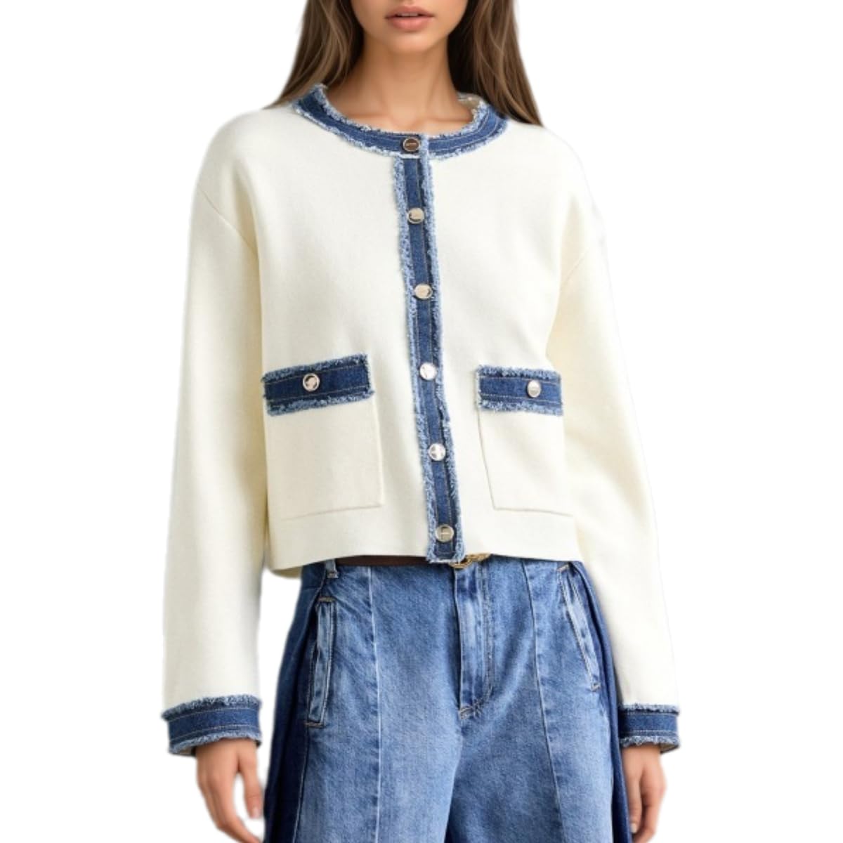 Womens Color Clash Denim Trimming Long Sleeve Cardigan Coats With Pocket Fall Fashion Crewneck Warm Outwear