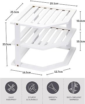 Greenfields 3 Tier Corner Shelf Cabinet Organiser - Plate Rack Countertop for Kitchen, Bathroom, Cupboard, Pantries - Shelf Insert Storage Organisation - Plate Organiser (White)