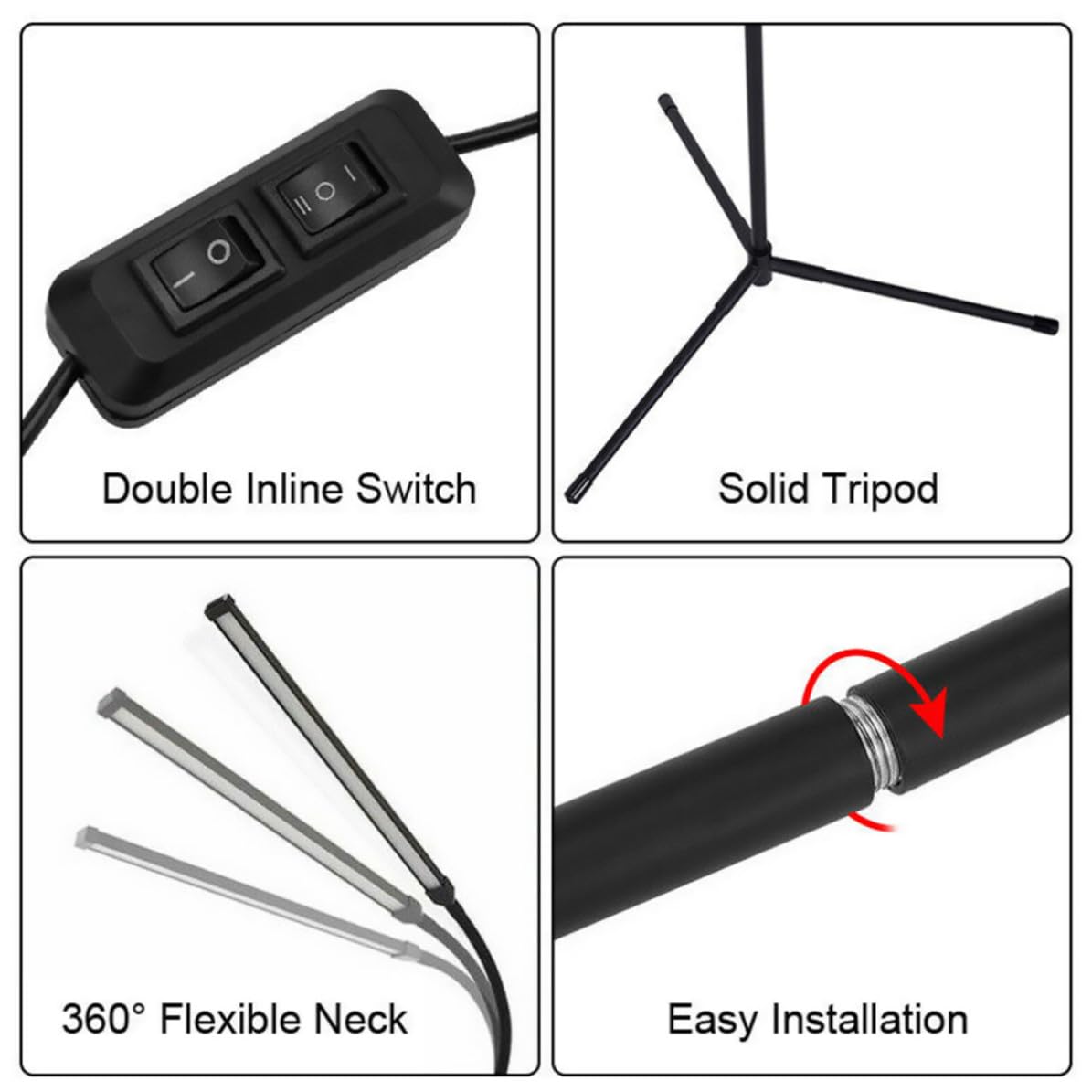 COHEALI Lampada da Terra LED con Clip, Lampada da Lettura Regolabile, Nero, Alluminio e Ferro, senza Sfarfallio, per Comodino e Scrivania