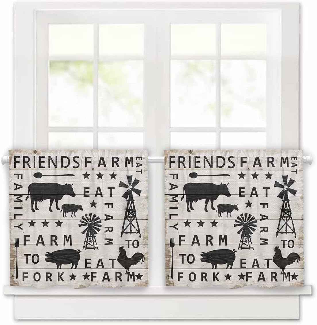 Farmhouse Chicken Cow Pig Waffle Bathroom Window Curtains 30 Inches Long Animal Windmills Wood Grain Waterproof Small Window Curtains Rod Pocket Tier Curtains for RV Kitchen Shower Room 2 Panels