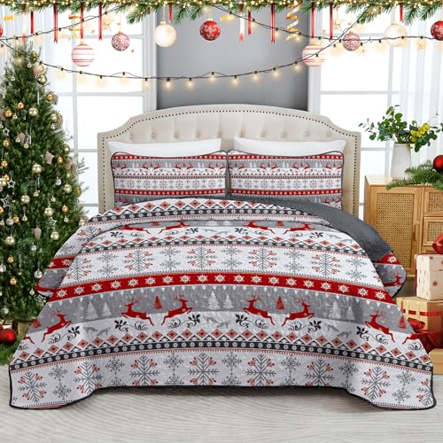 Anibedding Queen Size Christmas Quilts, Striped Xmas Bedspread, Red White