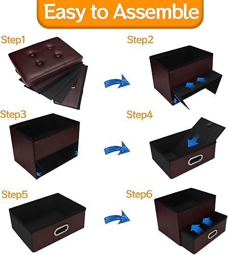 Miniatura 7 de VewePata Folding Storage Ottoman with Drawers. 17 inches Leather Folding Footrest Ottomans Foot Rest Stool Storage for Living Room, Bedroom or Dorm.