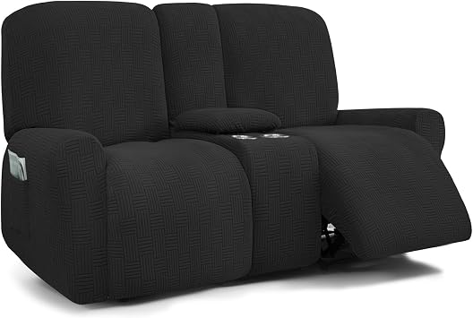 Reclining Love Seat with Middle Console Slipcover 8-Piece Dual Reclining Sofa Covers Jacquard 2 Seat Recliner Couch Cover Washable,Black,2 Seat Console