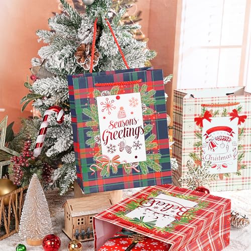 Image of Loveinside Christmas Gift Bags Set, Gold Foil Holiday Wreath & Plaid Design, Medium Size Bags with Handle, Tissue Paper for Christmas Gifts & Party Favors, 4 Pack, 7 inch X 4 inch X 9 inch