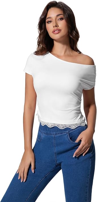 Womens One Shoulder Top Casual Short Sleeve Slim Fit T Shirt Summer Off Shoulder Blouse with Lace Hem Fitted