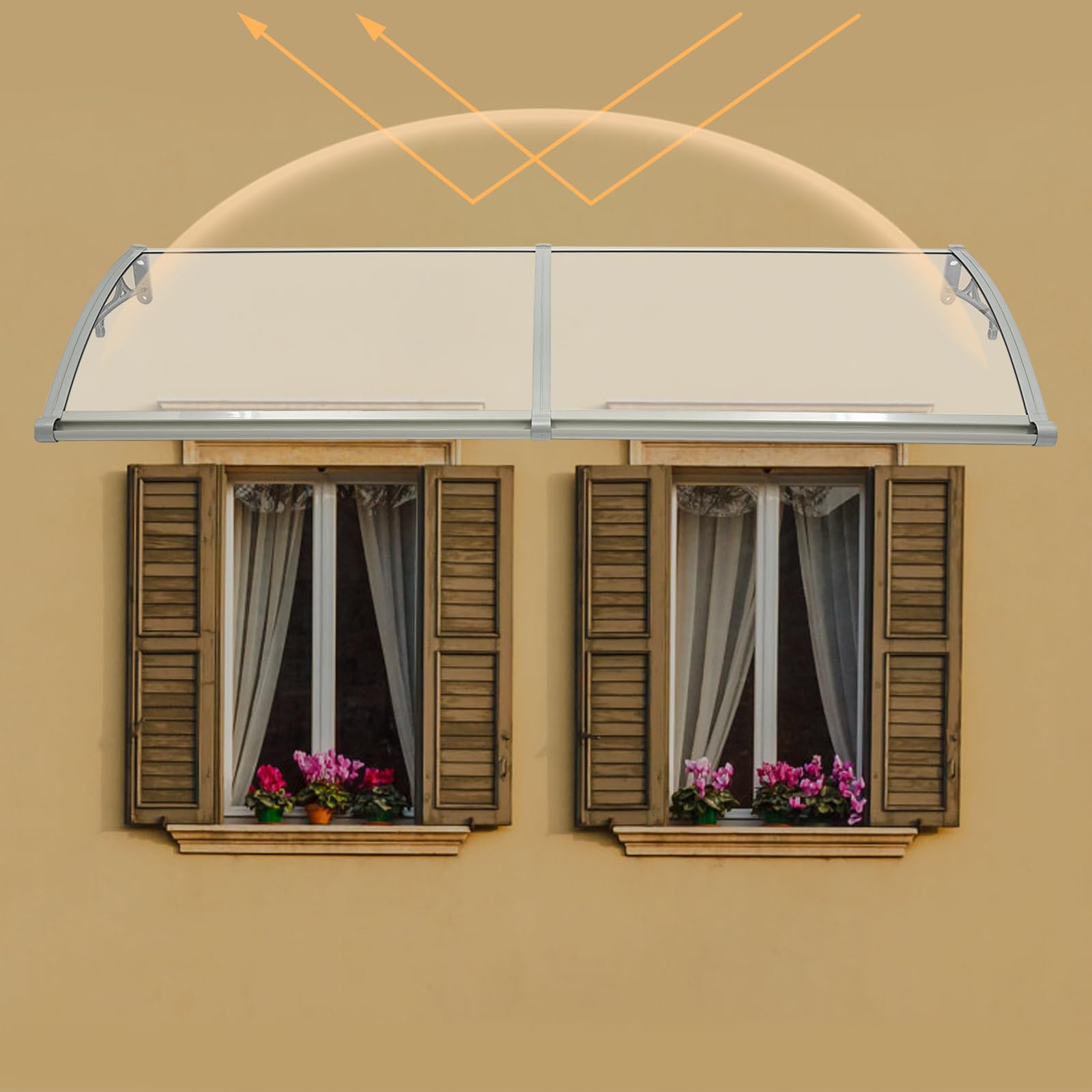 Marquesina para Puerta de casa, 200 x 60 cm, con Marco Plateado + Placa Transparente, toldo de Aluminio para Puerta de Entrada, toldo para Exterior, protección Solar y Lluvia