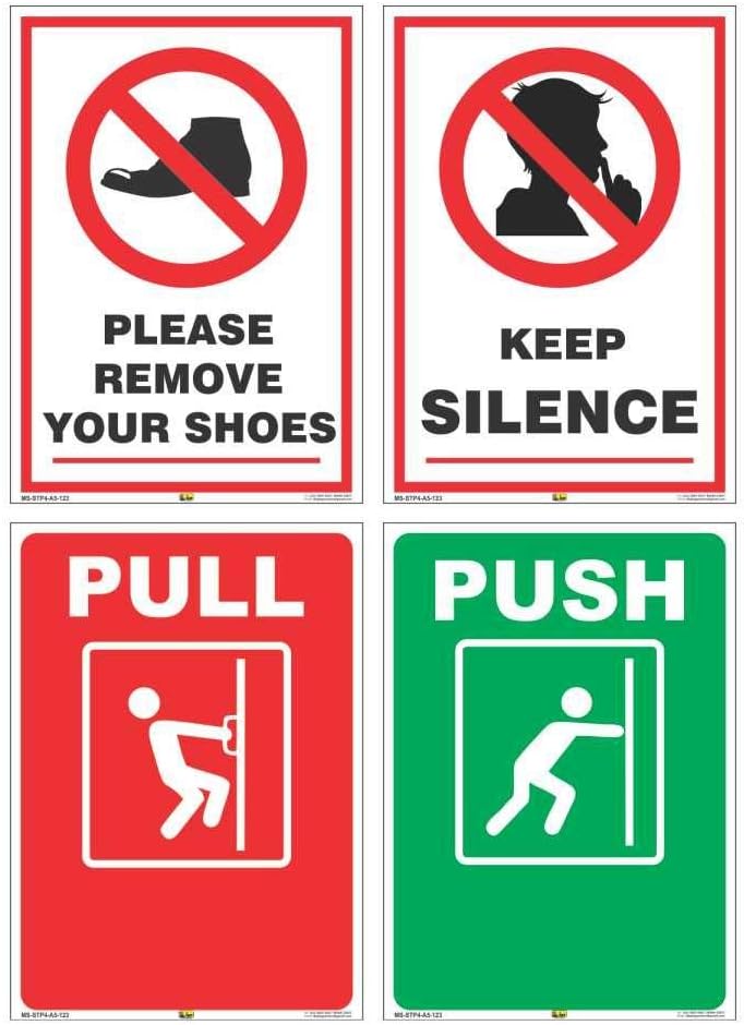 SIGNOOGLE Push Pull Keep Silence Remove Your Shoes Signs Printed Sign Stickers for Shop Office Glass Door Home Combo Offer 10.00 Cm X 12.00 Cm