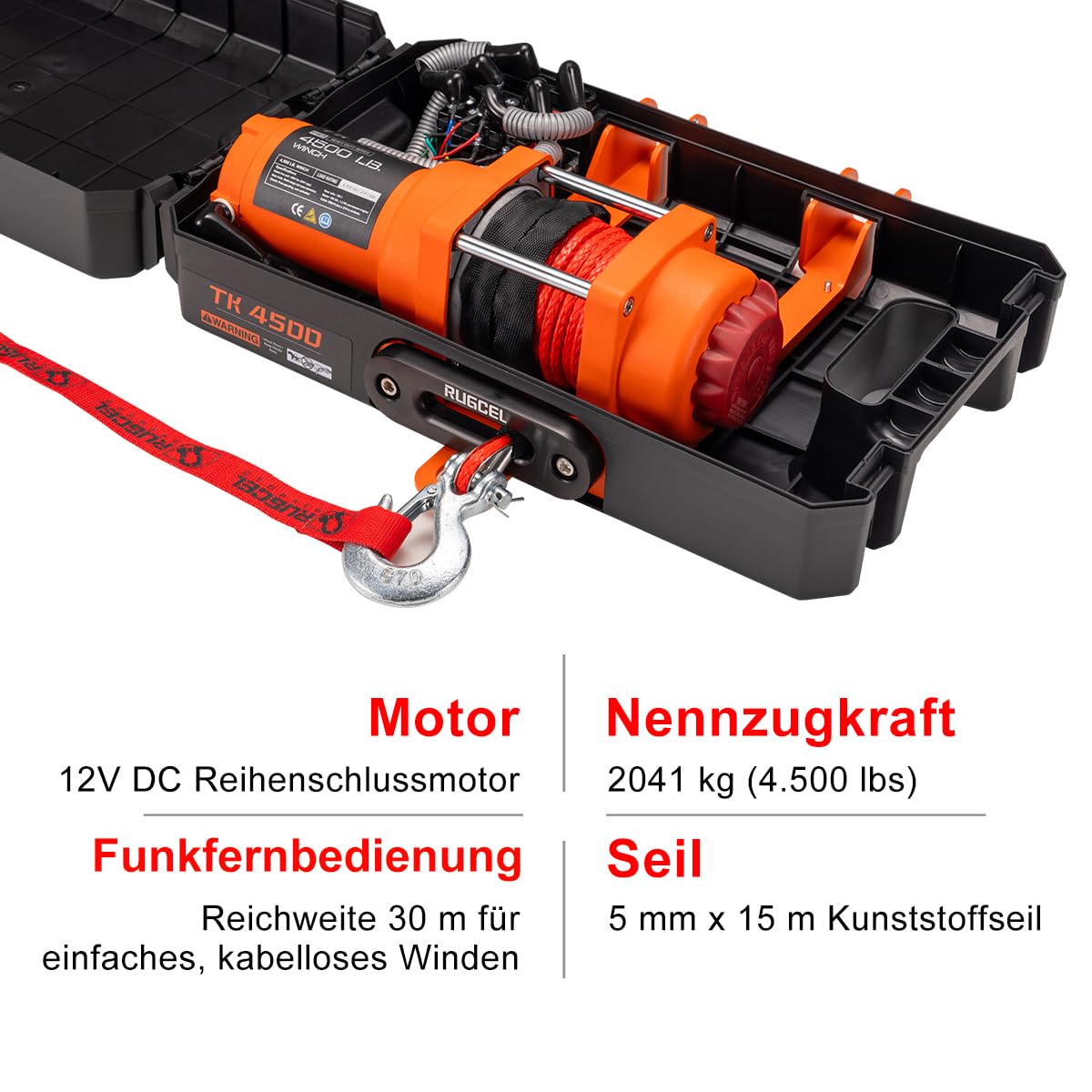 RUGCEL WINCH Elektrische Seilwinde 2041 kg (4500 lbs), 12V DC, IP67 Wasserdicht, Synthetikseil, Stahl-Montageplatte, Hawse-Führungsrolle, kabellose Fernbedienung, Schwarz, SUV LKW Off-Road