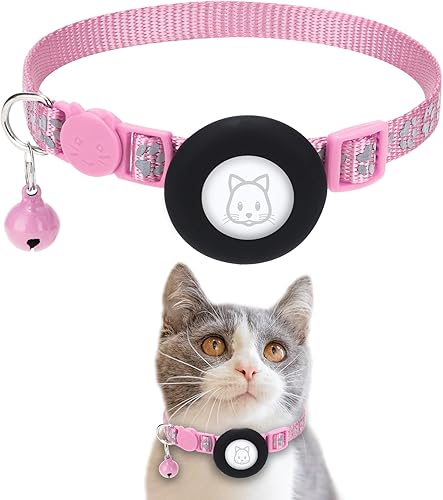Collar para gatos Airtag, collar de gato Apple Air Tag con hebilla de seguridad y campana, collar reflectante para gato de 38 pulgadas de ancho con