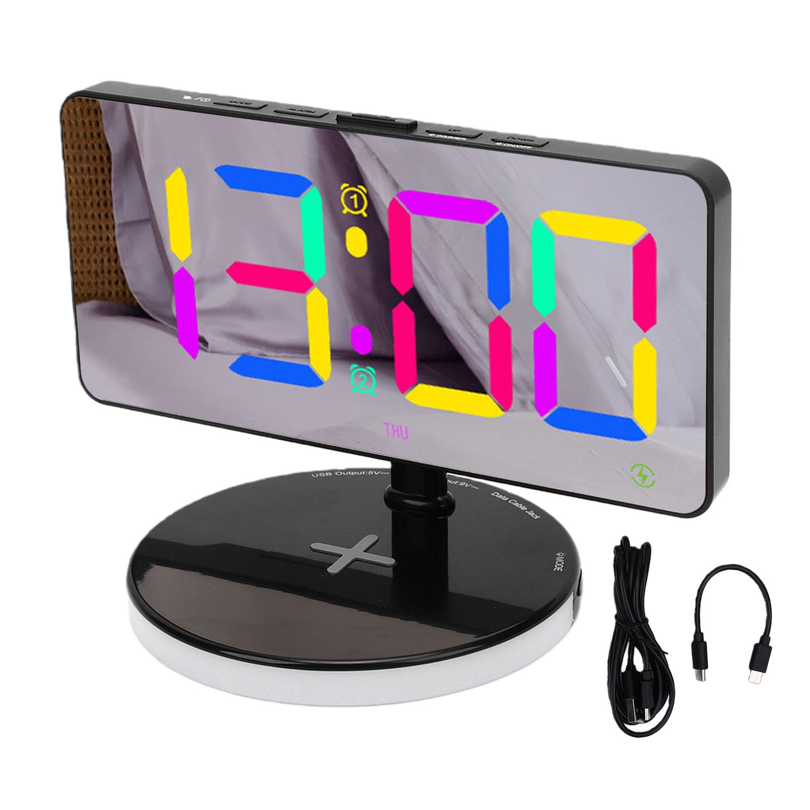 Reloj Despertador LED Digital, Pantalla de Espejo Grande de 7,3 Pulgadas con Cargador Inalámbrico, Función de Repetición, Luz RGB, Brillo Ajustable, Reloj de Escritorio (Black)