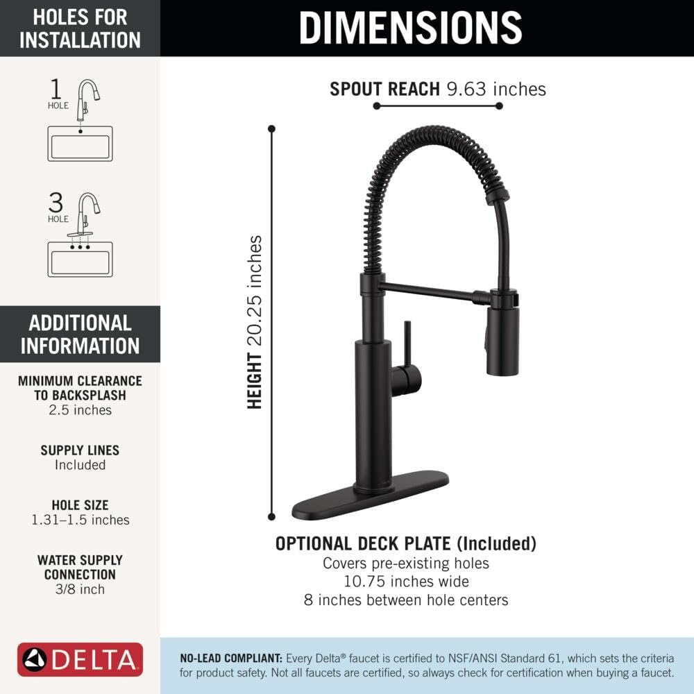 Delta Antoni Pro Style Commercial Kitchen Faucet with Pull Down Sprayer, Single Hole Matte Black Kitchen Sink Faucet, Single Handle, Matte Black 18803-BL-DST - Image 4