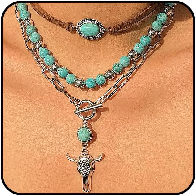 Boho Western Necklaces for Women,Turquoise Beaded Layered...