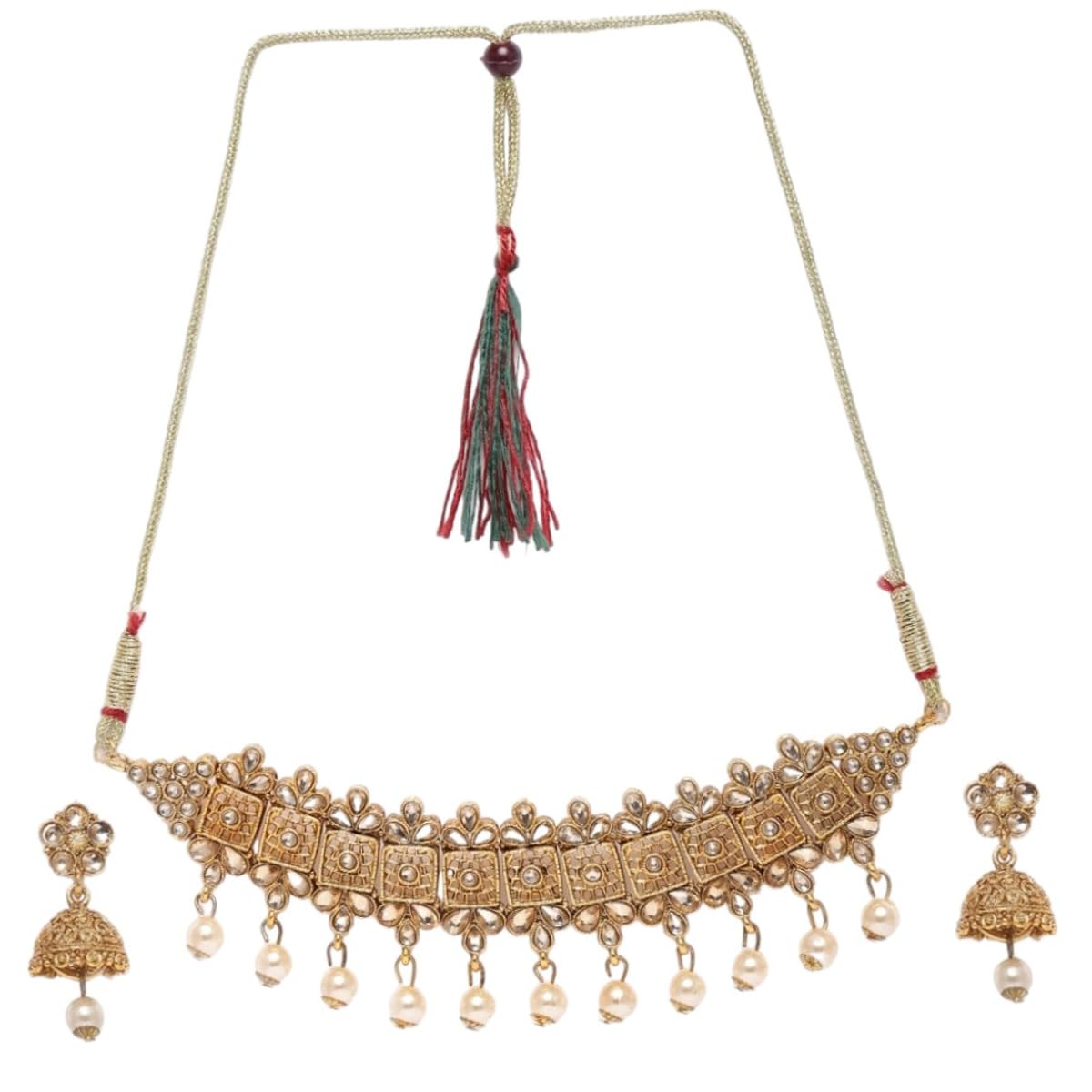 JWELLA Latest Design Tradtional Festive Jewellery Antique Gold-Plated Pearl Choker Necklace Set with Matching Jhumka Earrings Light Weight For Women And Girls (B0D9XQY3Y1) Amazon Price History, Amazon Price Tracker