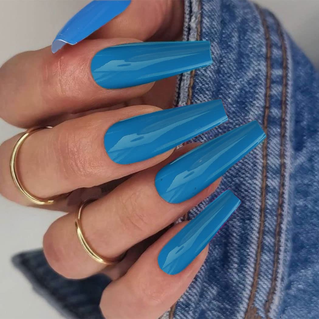 Buy Uranian Coffin Long Press On Nails Solid Ballerina Fake Nails Glossy Full Cover False Nails Artificial Arylic Accessories For Women And Girls 24pcs F Blue Online In Italy B08flvkcq8