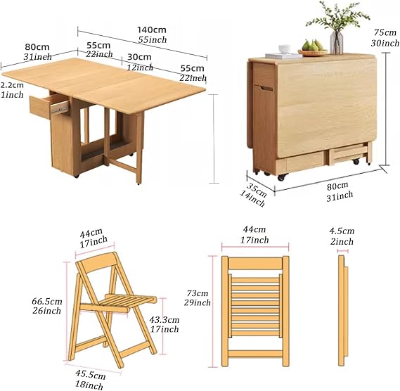 Foldable Dining Table and Chair Set,Retractable Home Dining Table Drop Leaf Table with 4 Chairs and Drawer,Solid Wood Table Set for Small Space Kitchen Dining Room,no Assembly Required