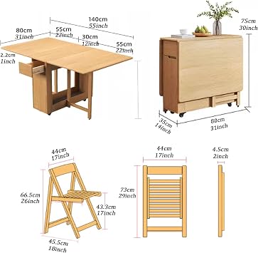 Foldable Dining Table and Chair Set,Retractable Home Dining Table Drop Leaf Table with 4 Chairs and Drawer,Solid Wood Table Set for Small Space Kitchen Dining Room,no Assembly Required