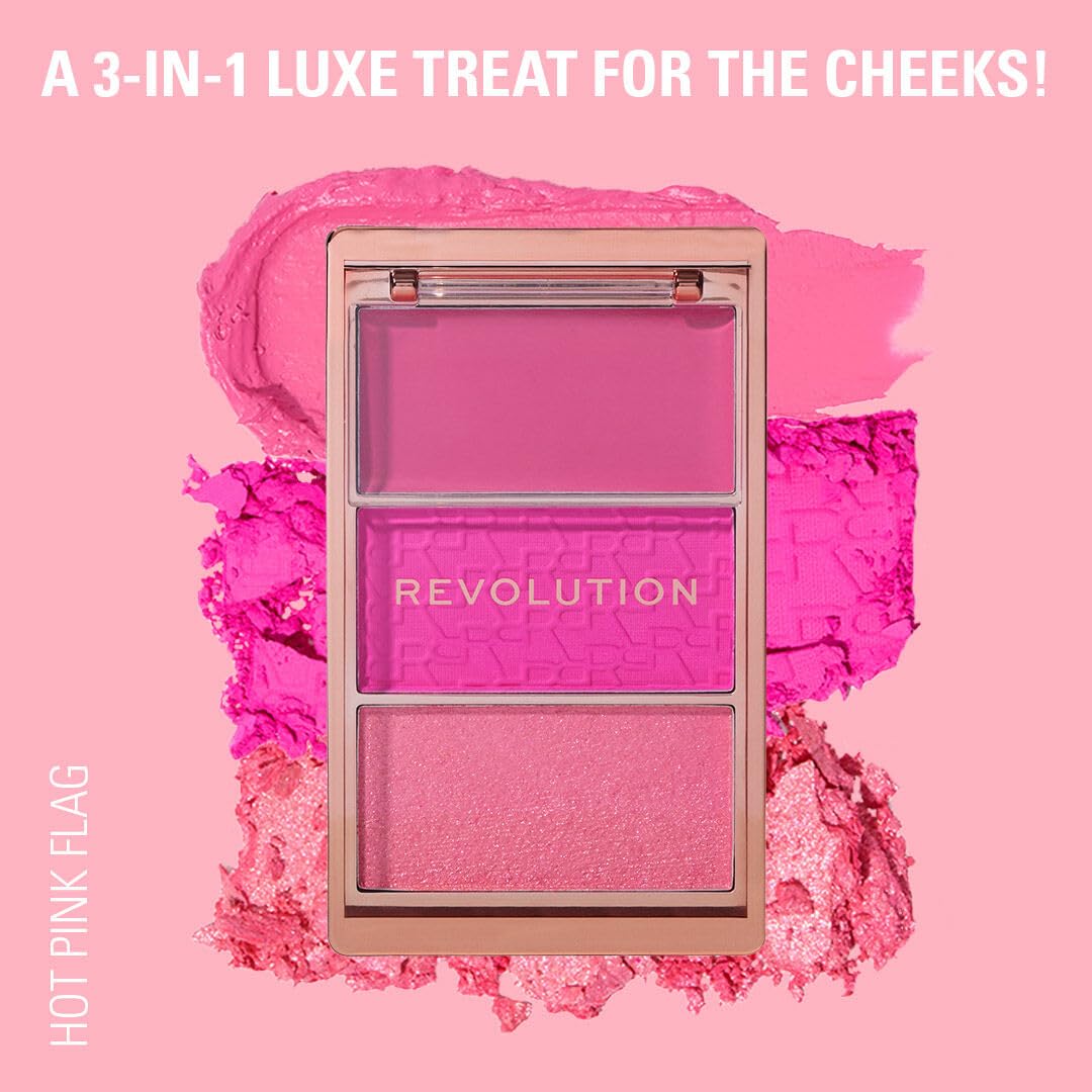 Revolution Palette Blush Icon Palette, kremowy i tłoczony puder, silnie pigmentowany, paleta twarzy, wegańskie i nieokrutne, 3 kolory, Hot Pink Flag