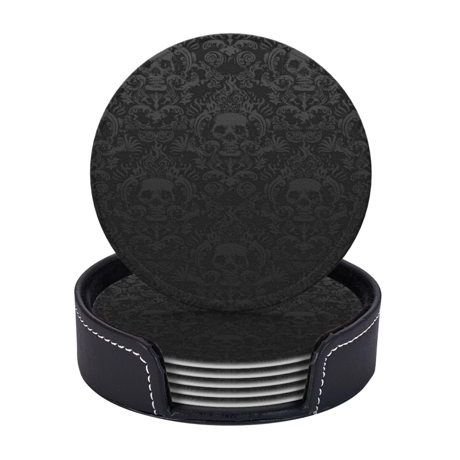 AUGUSTRUSH Round PU Leather Coasters Set of 6, gothic wallpaper skull Print coaster with Storage Box, Heat-Resistant Non-Slip Drink Pads for Kitchen Desk Office Dining Table