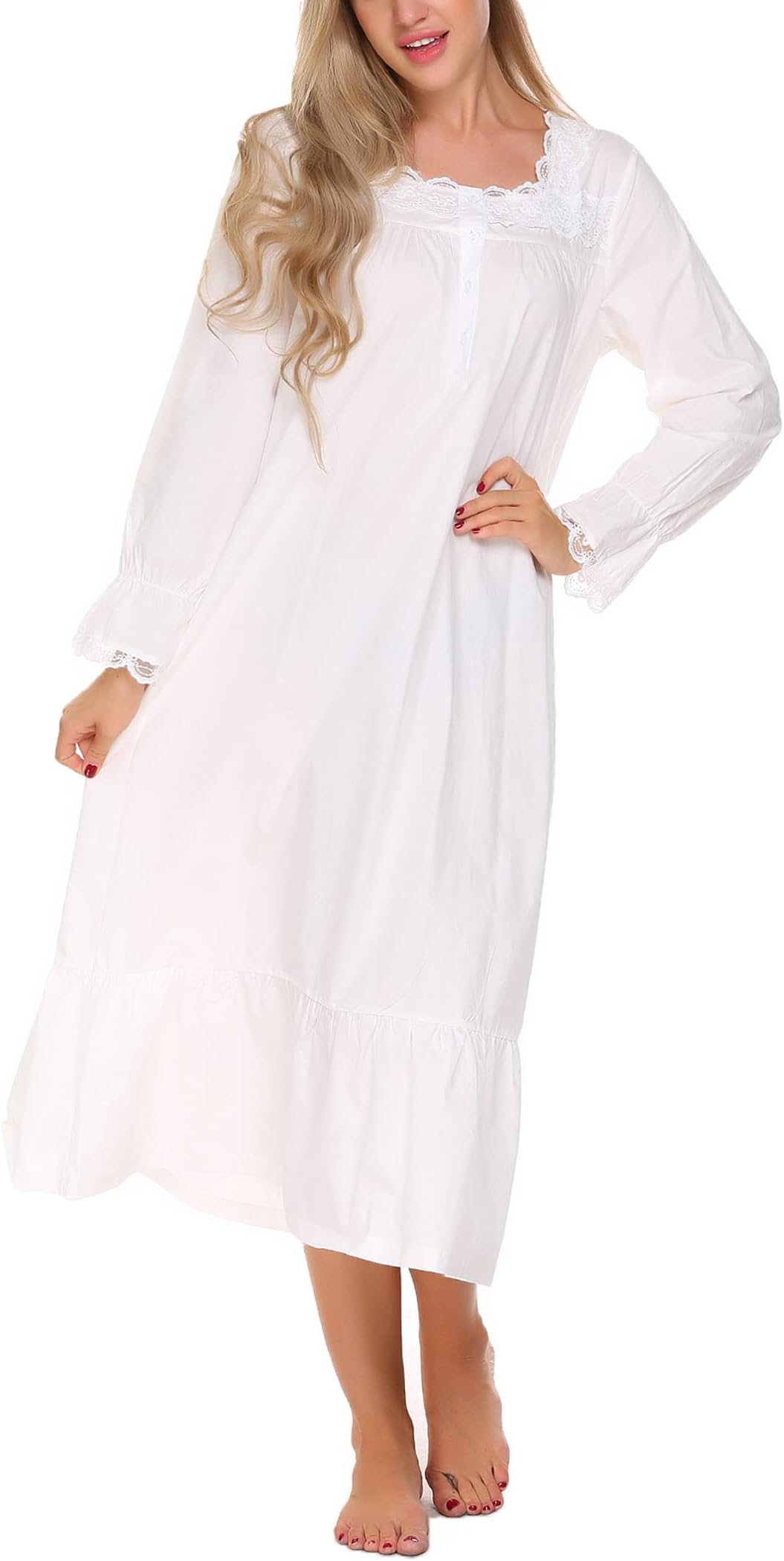 EkouaerVictorian Nightgown 100% Cotton Long Sleeve Vintage Old Fashioned Gown for Women