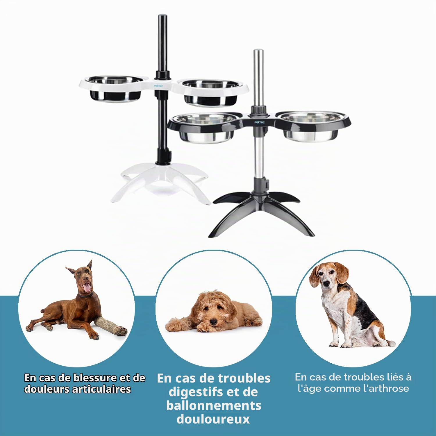 PetTec Gamelles d'eau et Croquettes - Pied à Hauteur Ajustable pour Chien - Buffet Surélevé pour Animaux - Pied Anti-Dérapant, Bols en INOX - Système Anti-Glouton Optionnel - 2.5L Noir