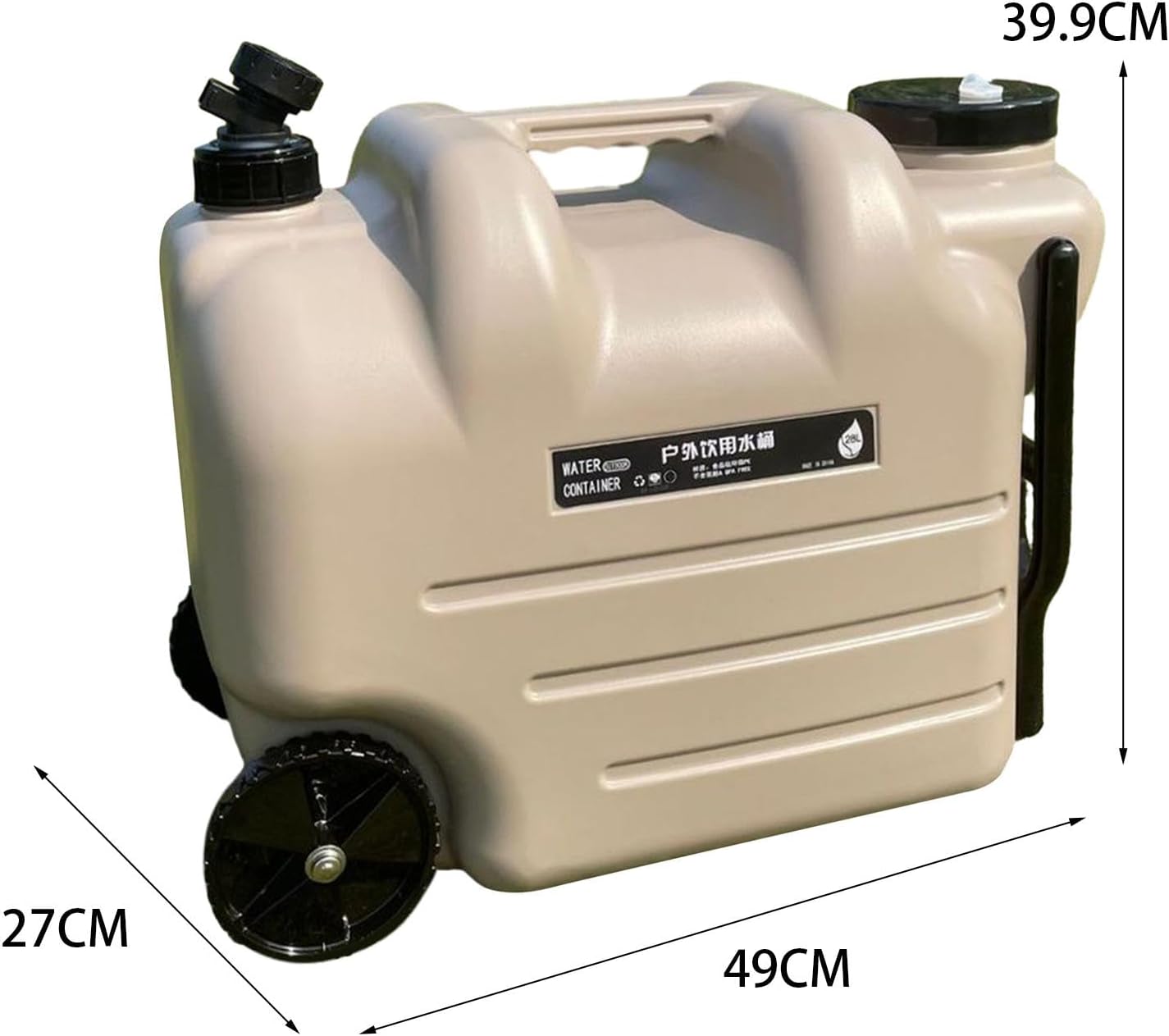 Water Container Water Tank with Wheels 28L with Spigot with Screw Lid Water Storage Carrier Water Barrel for Camping Bath RV, Khaki