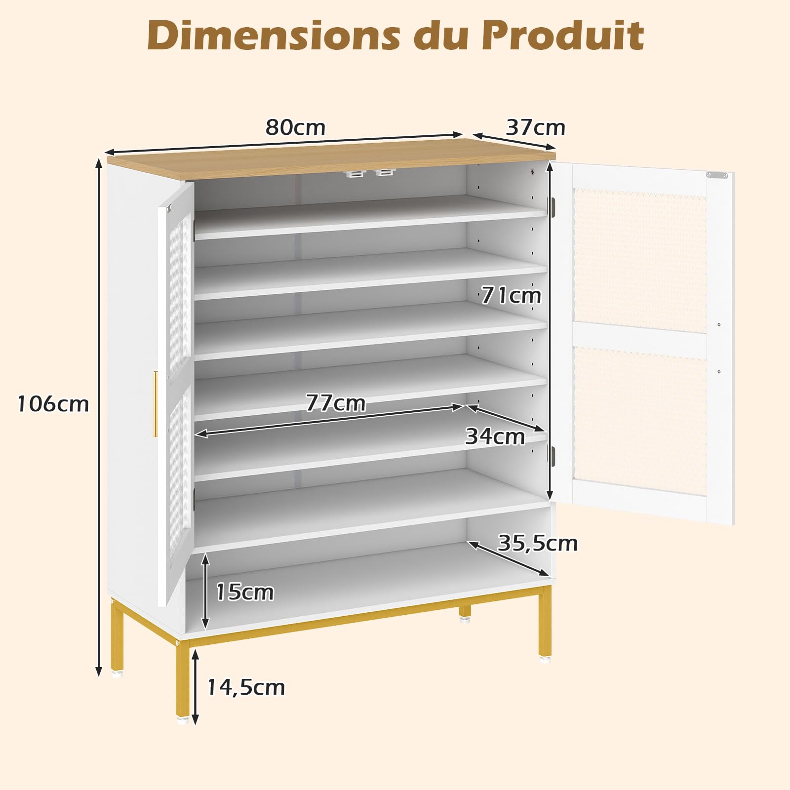 GOPLUS Meuble à Chaussures Entrée 28-30 Paires, Armoire à Chaussures Réglables 6 Niveaux avec Portes en Maille et Amovibles, Pieds en Métal,Entrée et Salon,80 x 37 x 106 cm (Blanc)