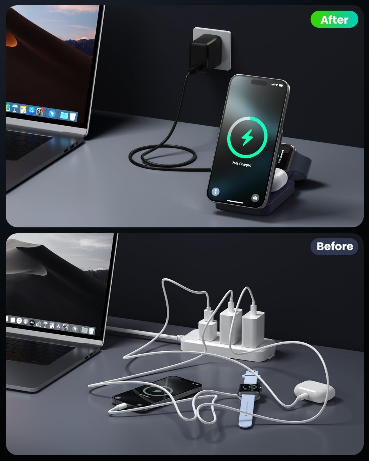 3-in-1 Wireless Charger Station for iPhone, Certified 15W Fast Charging Foldable Magnetic Charger Stand with 30W USB C Adapter for MagSafe iPhone 16/15/14/13, Apple Watch, AirPods (Navy Blue)