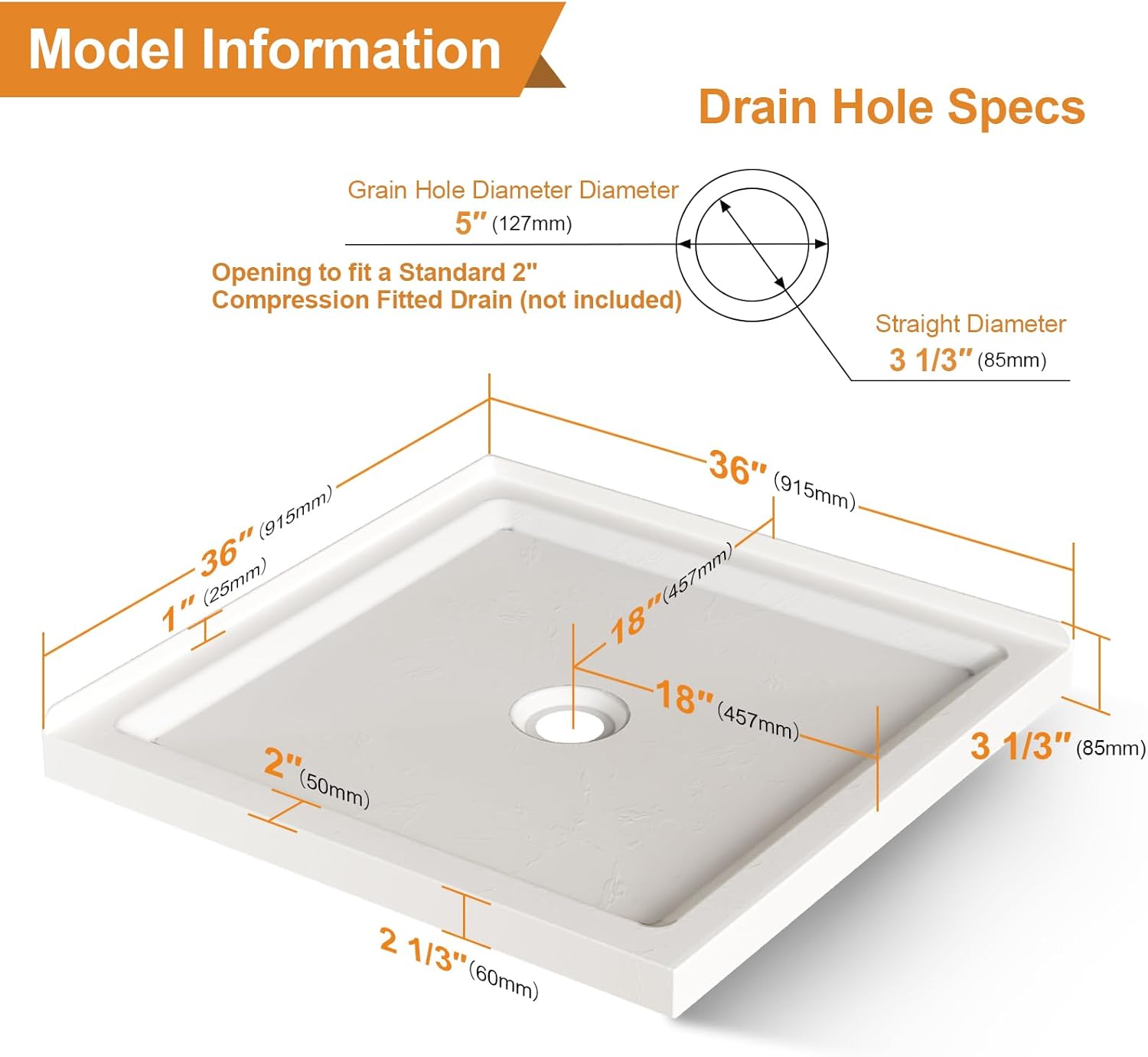 36x36 Inch Square Shower Base, Single Threshold Shower Pan for 2-Wall Corner Installation | Textured Non-Slip Surface, Scratch and Stain Resistant, Slate White Finish