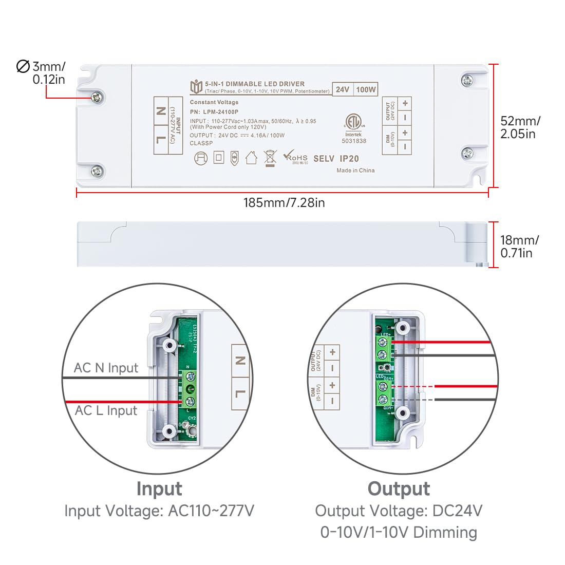 BTF-LIGHTING 24VDC ETL Listed Dimmable Power Supply,100W Triac/ELV/MLV/0-10V/1-10V/10V PWM/Potentiometer LED Driver,Input AC110V-277V Constant Voltage for LED Strip,Flicker-Free,Type HL,Class P,FCC
