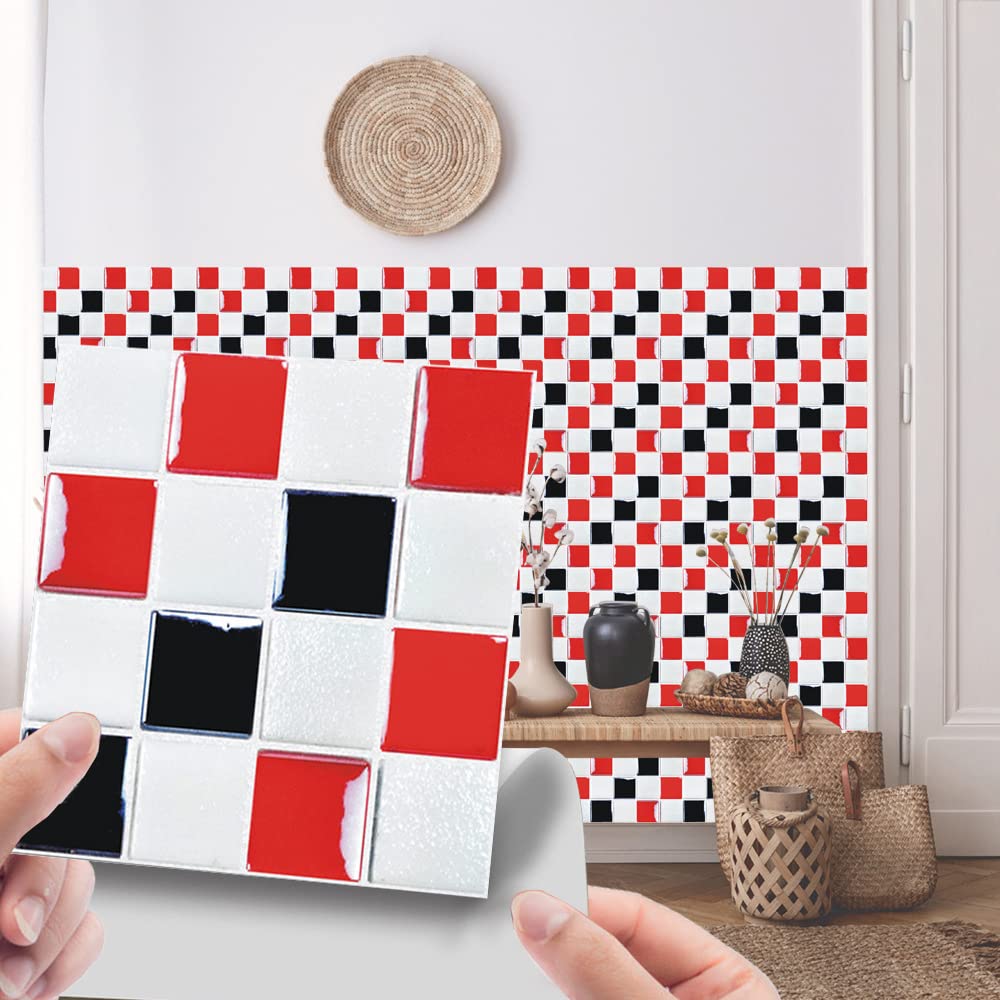 Zweig Red White Mosaic Self Adhesive Wall Tiles Waterproof Splashbacks Transfers Cover, For Tile Kitchen Bathroom, Stick On Wall, Tile Stickers Decals,Home Decor Diy Living Room 15X15cm