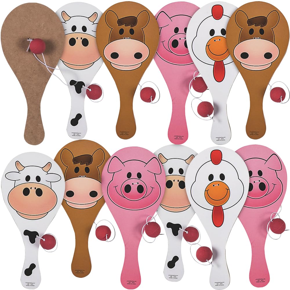 Fun Express Wooden Farm Animal Paddle Balls (12 Pack) 9"