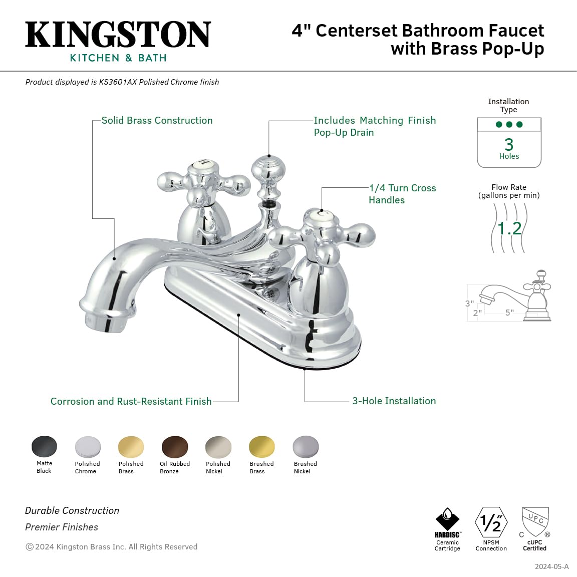 Kingston Brass KS3606AX Restoration 4‑Inch Centerset Bathroom