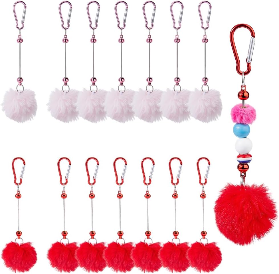 – 14 Sets Beadable Keychain Bars DIY Blank Keychain Bar Plush Ball Beaded Keychains with Pompom Ball Bead Keyring Making Supplies for DIY Gift Crafts Jewelry bag Charms