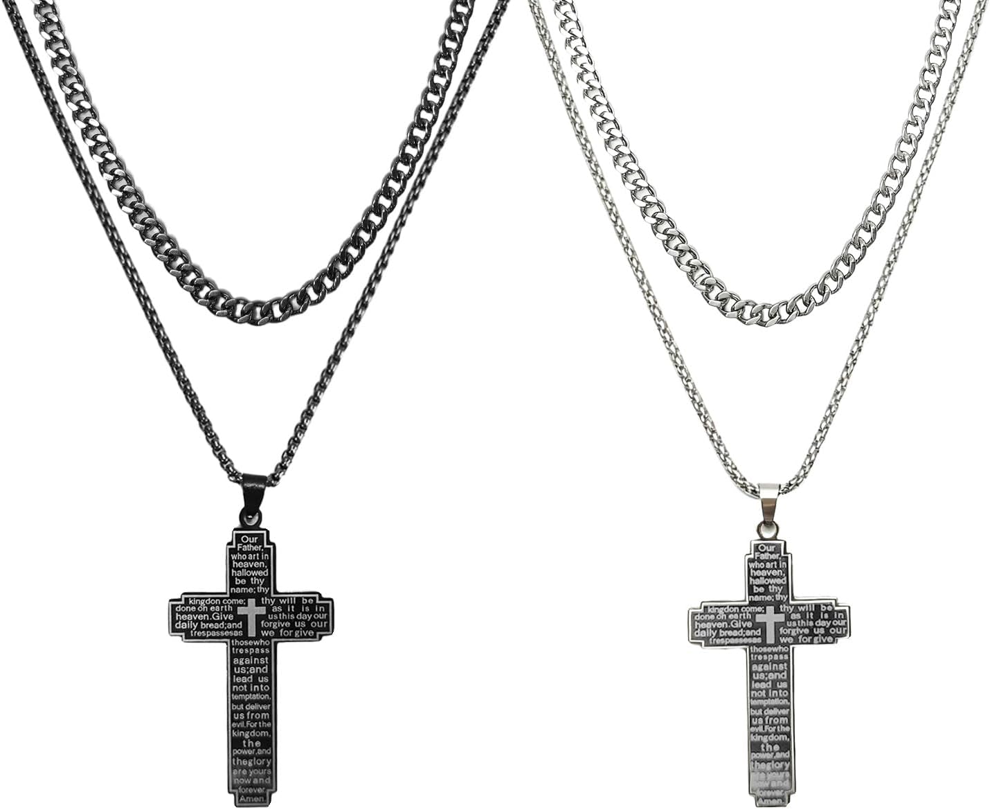 2 Pack Bible Verse Cross Necklace for Men, Stainless Steel Double Chain Christian Pendant, Engraved with The Lord's Prayer Matthew 6:9-13, Religious Gifts for Men