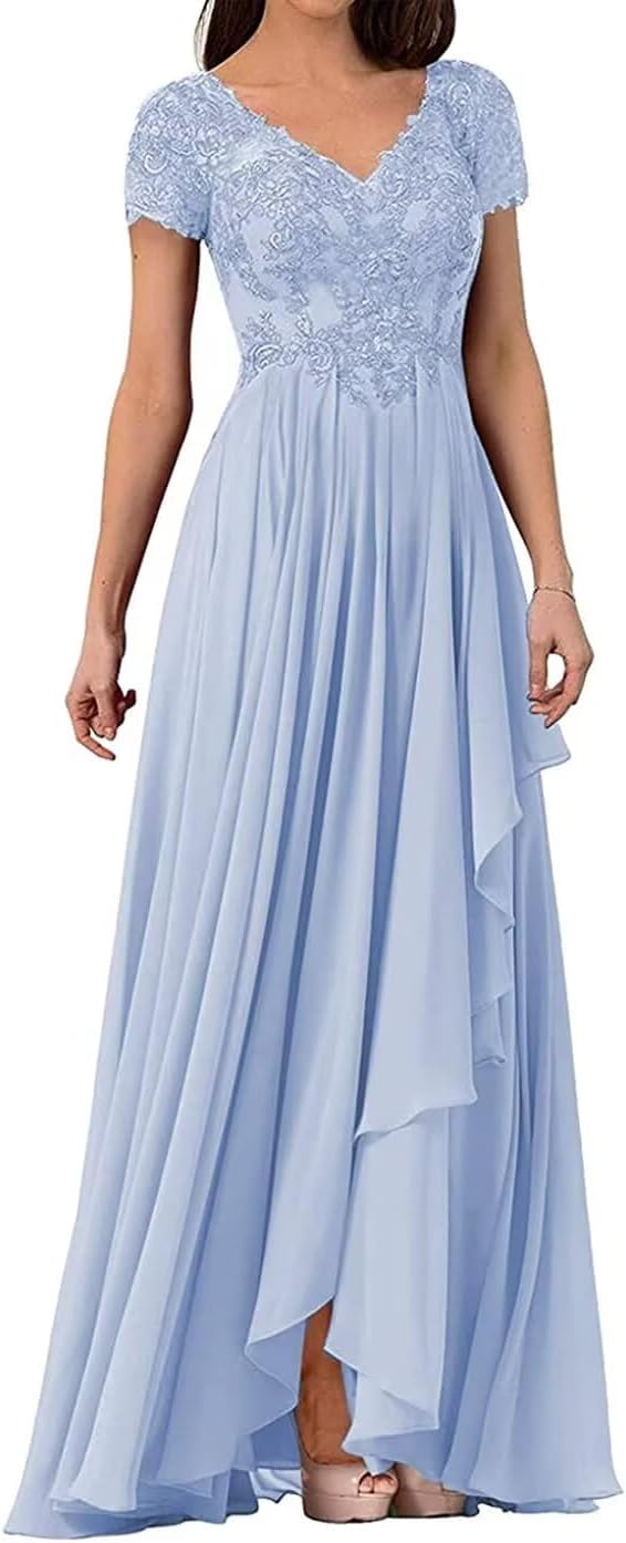 V Neck Mother of The Bride Dresses for Wedding Lace Appliques Prom Dress Women's Cap Sleeves Formal Evening Party Dress