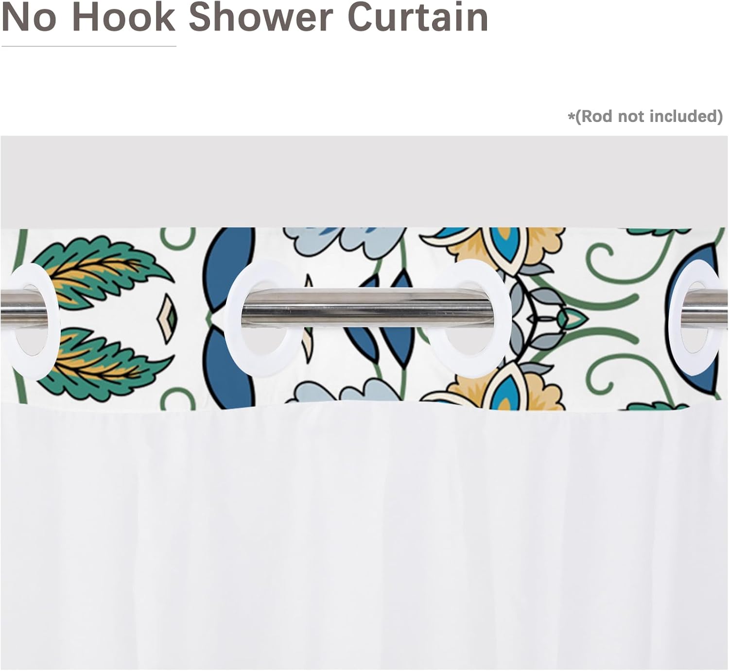 Blue Boho Floral No Hook Shower Curtain,Double-Layered Shower Curtain with Snap-in Liner and Weights,Vintage Bohemian Flower Fabric Bath Curtain with See Through Mesh, 71x74in