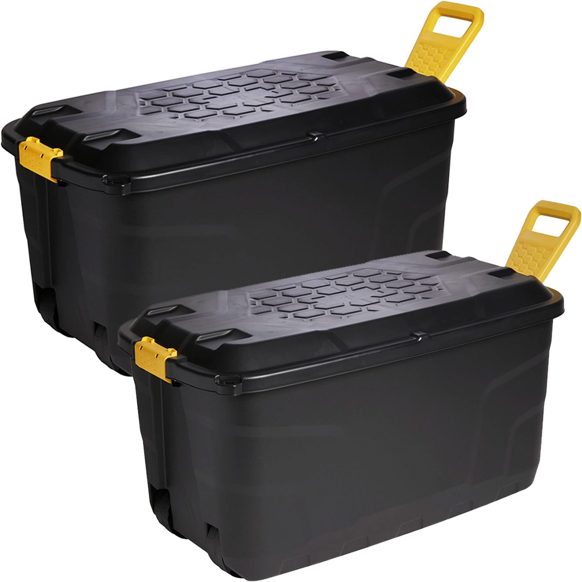 – STORM TRADING GROUP Heavy Duty Robust Black Storage Trunk With Wheels & Handles 110 Litre & 145 Litre XL Capacity Great for Indoor & Outdoor Storage (110 Litre, 1 x Storage Trunk Box)