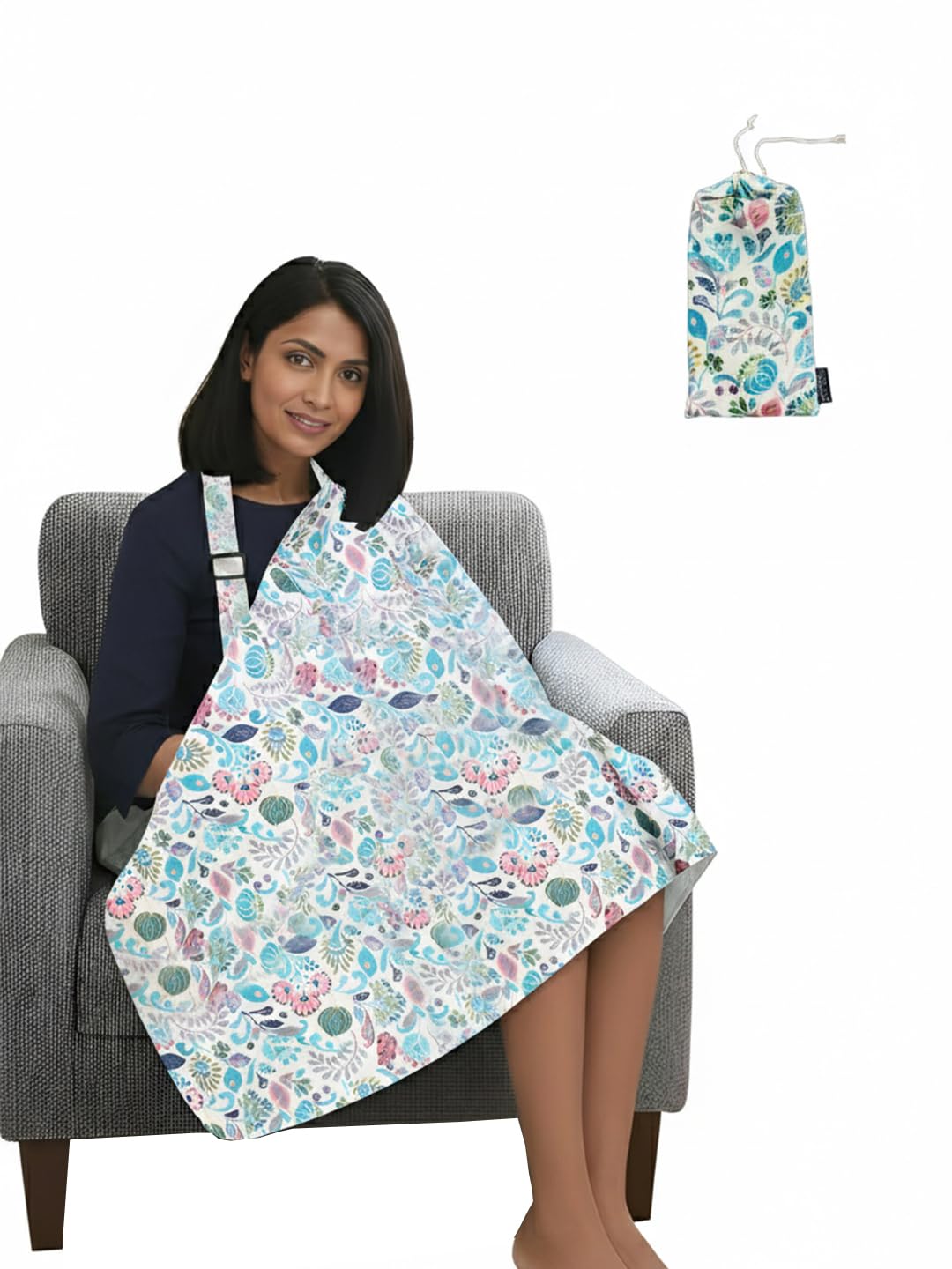 POLKA TOTS 100% Cotton Washable Nursing Breastfeeding Multipurpose Maternity Apron Cover & Scarf for Mothers with Carry Pouch (Blue)-image-46