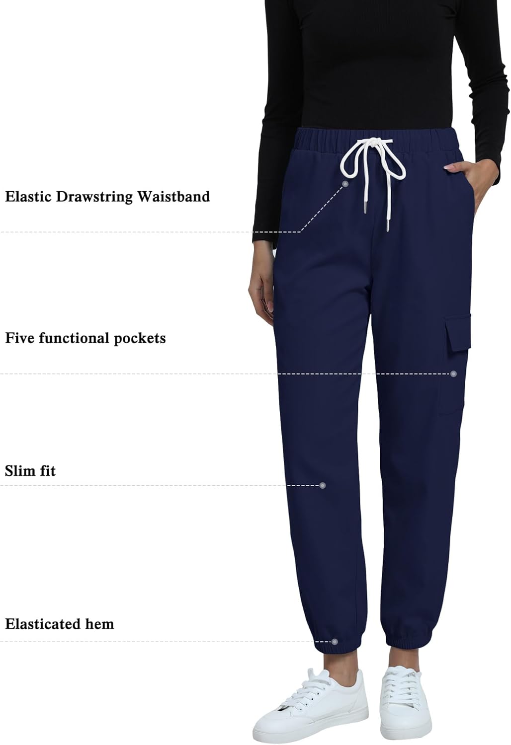Medical Scrub Pants for Women, Soft Stretch Slim Fit Drawstring Cargo Jogger Scrub Pants with 5 Pockets - Image 3
