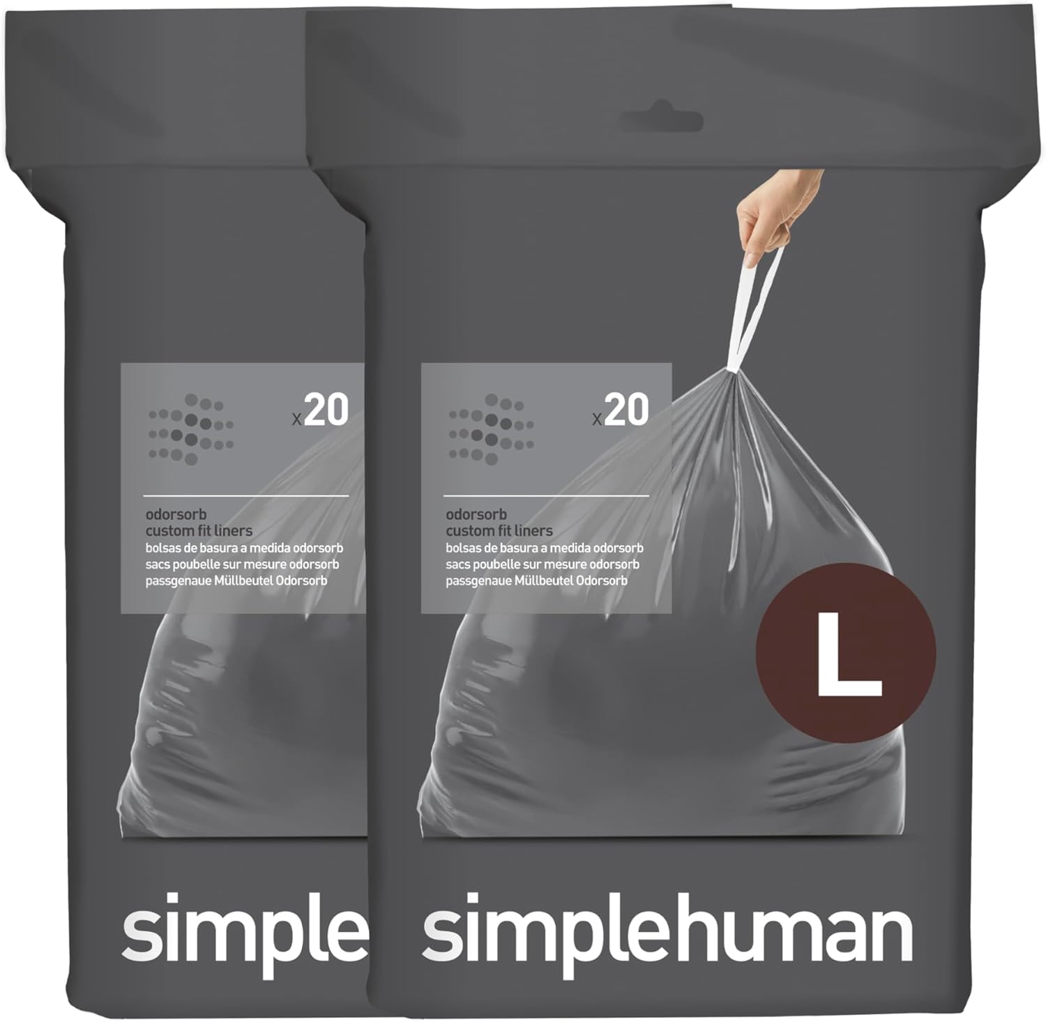 simplehuman Code L 40 Count, Genuine Custom Fit Liners, Drawstring Trash Bags in Dispenser Packs, 18 Liter / 4.7 Gallon