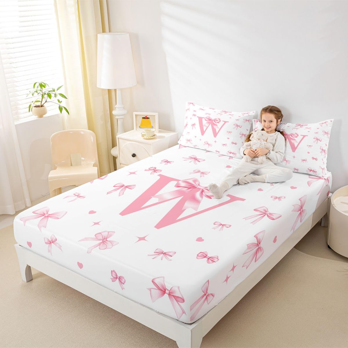 Sábana bajera ajustable con lazo rosa, tamaño King (no plana), juego de ropa de cama de 3 piezas, decoración de habitación de niñas y niños, mujeres, sábana de bolsillo profundo con lazo de cinta